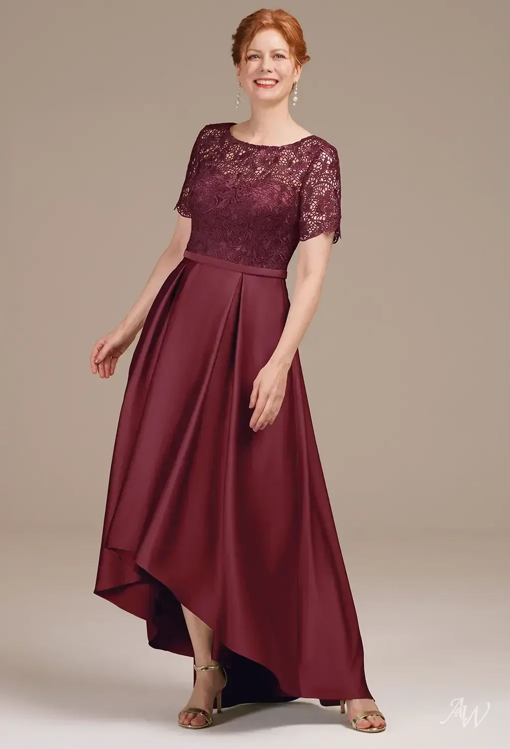 AW.Bridal A-Line Bateau Neckline Hi Lo Short Sleeves Mother of The Bride Dresses Dress Burgundy Size 8