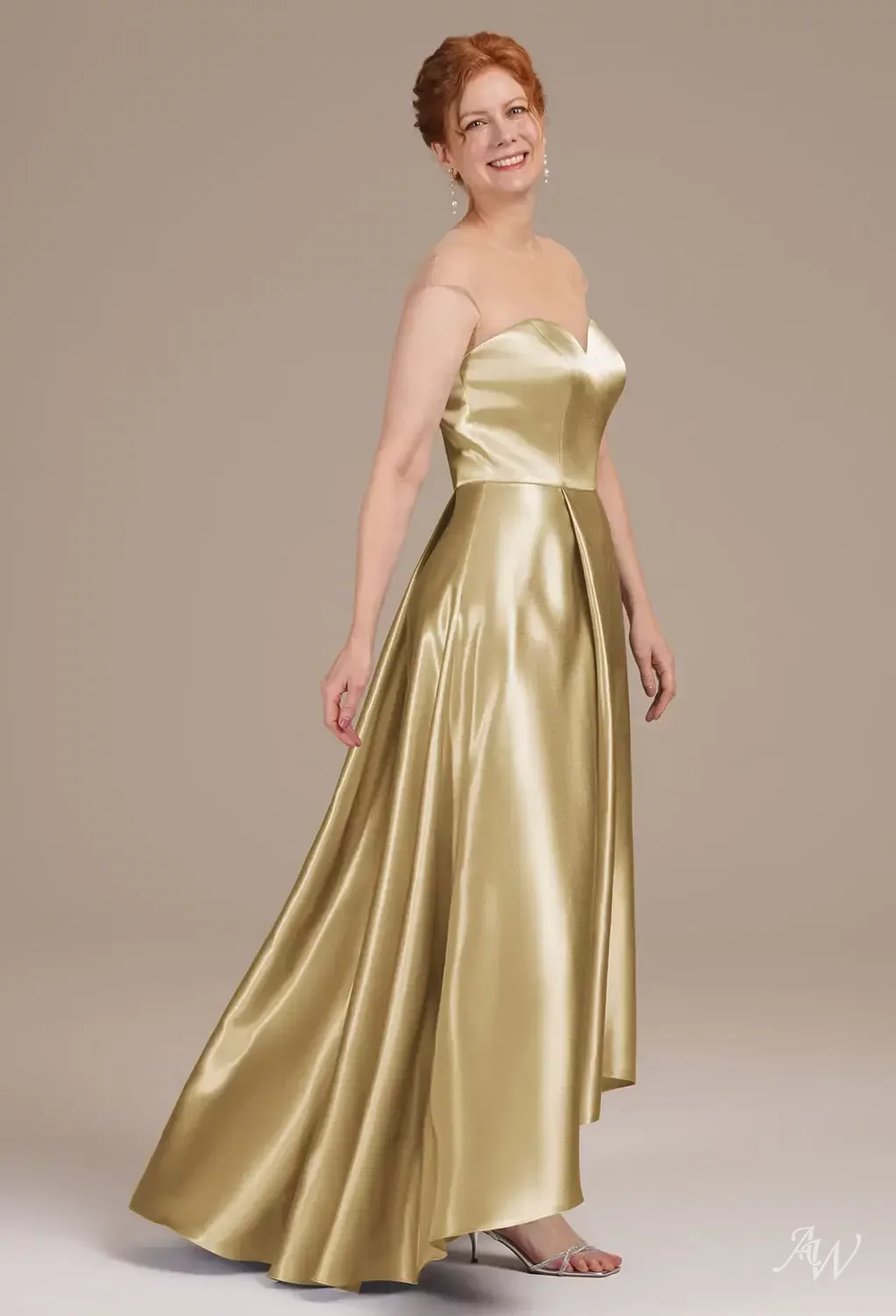 AW.Bridal A-Line Bateau Neckline Hi Lo Cap Sleeves Crystal Satin Mother of The Bride Dresses Dress Light Gold Size 18