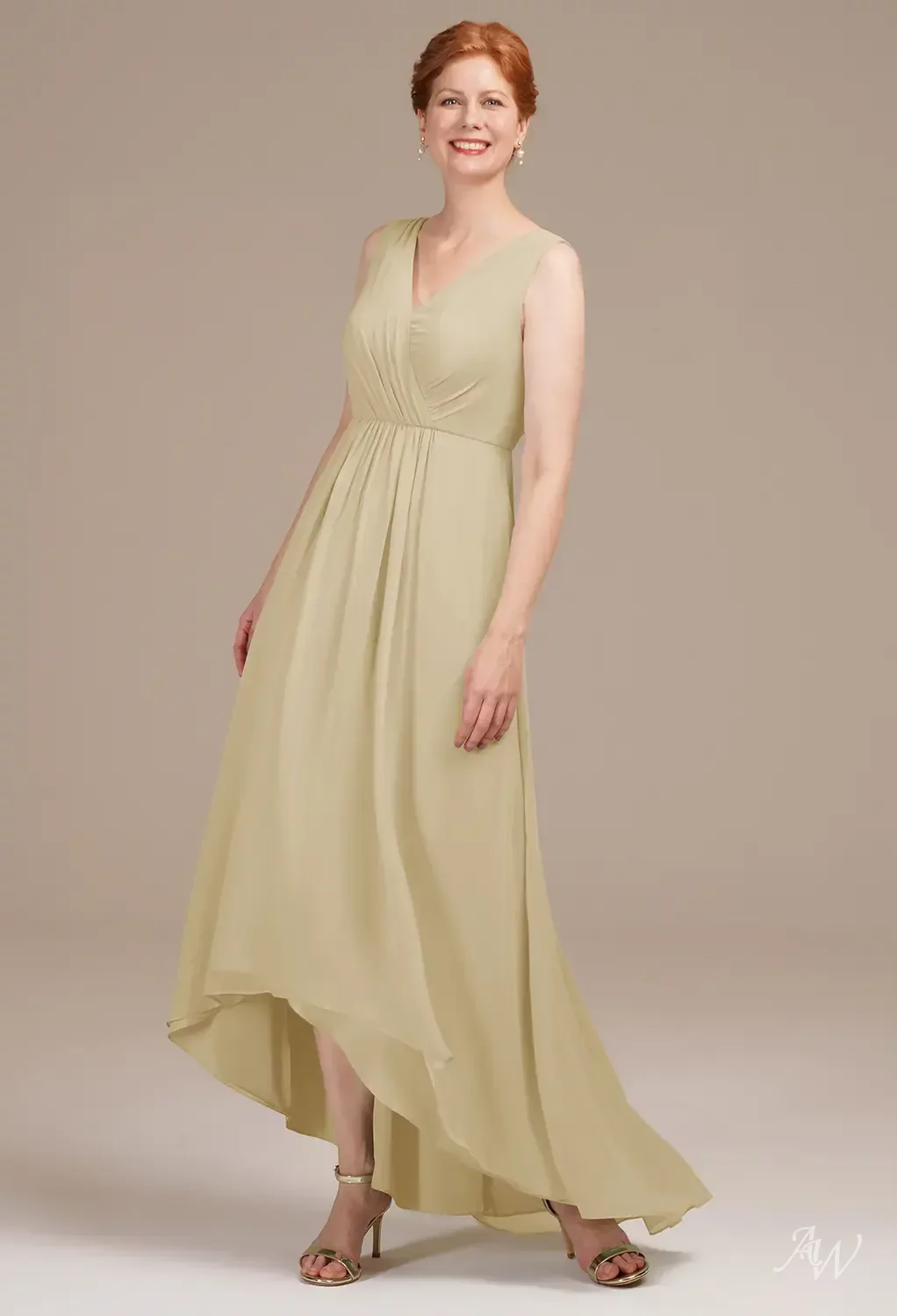 AW.Bridal A-Line V-Neck Hi Lo Sleeveless Mother of The Bride Dresses Dress Champagne Size 8