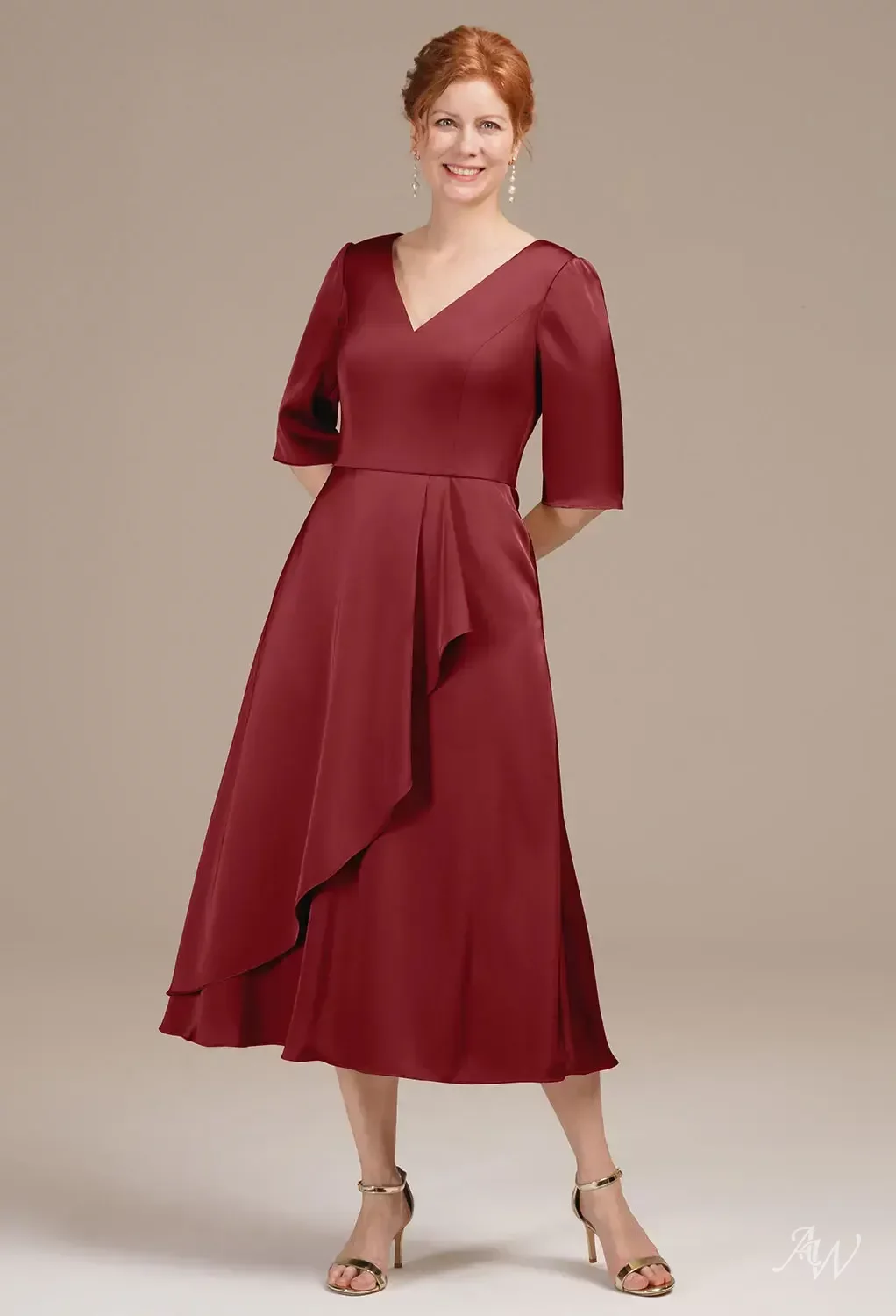tea length burgundy mother of the bride dresses AW.Bridal A-line V-Neck Short Sleeves Satin Dress Size 18 this plus