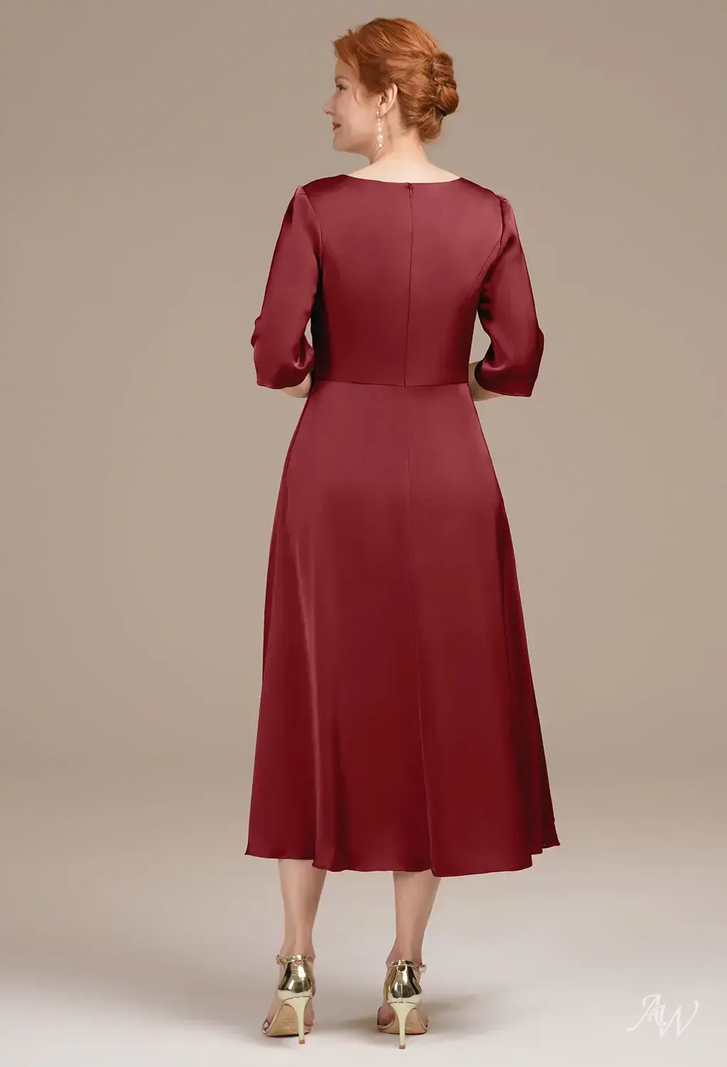 AW.Bridal A-Line V-Neck Tea Length Short Sleeves Satin Mother of The Bride Dresses Dress Burgundy Size 8