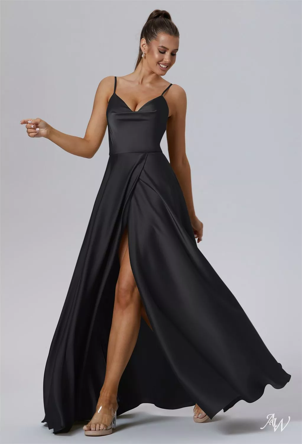AW.Bridal A-line V-Neck Floor Length Sleeveless Satin Ruching Split Long Bridesmaid Dresses Dress Black Metallic Size 18