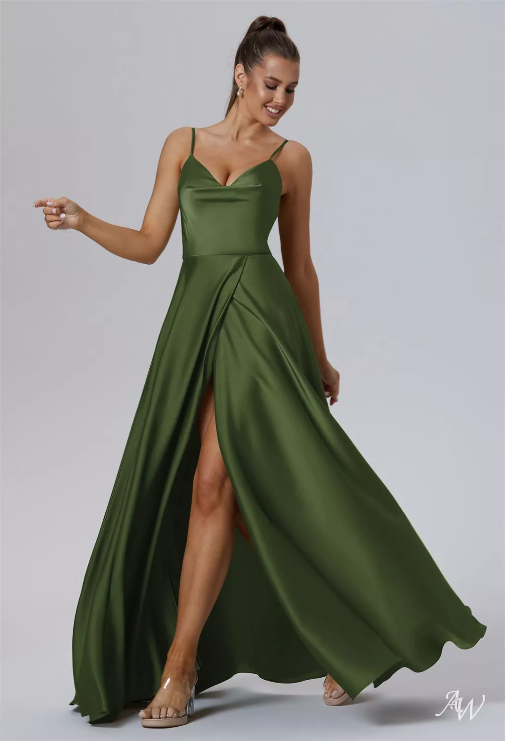 satin olive green bridesmaid dress AW.Bridal A-line V-Neck Floor Length Sleeveless Ruching Split Long Dresses Size 6 Color:White&Navy Blue Azazie Charissa Slough US4 Model Information