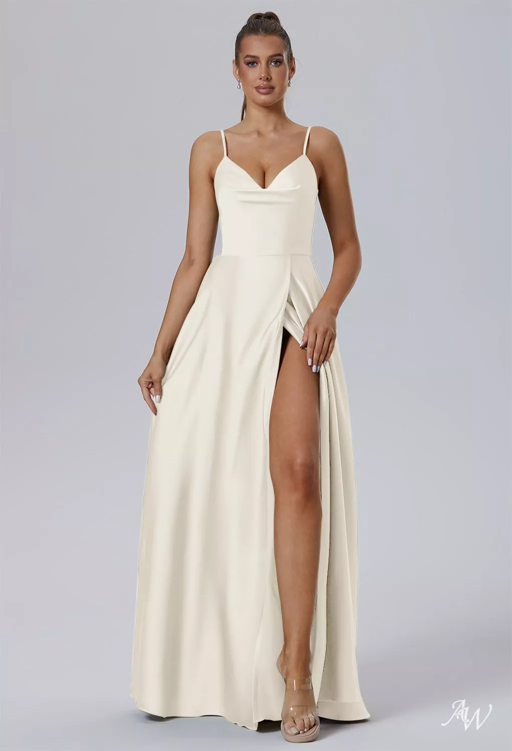 ivory white bridesmaid dresses AW.Bridal A-line V-Neck Floor Length Sleeveless Satin Ruching Split Long Dress Size 16 Sleeve Style:3/4 Sleeve