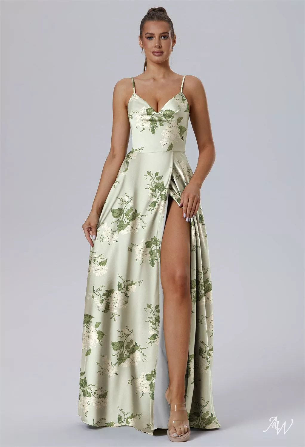 charmeuse deep v-neck a-line bridesmaid dress Deep V Neck A Line Wholesale Bridesmaid Dresses with Half Puff Sleeves main image 1