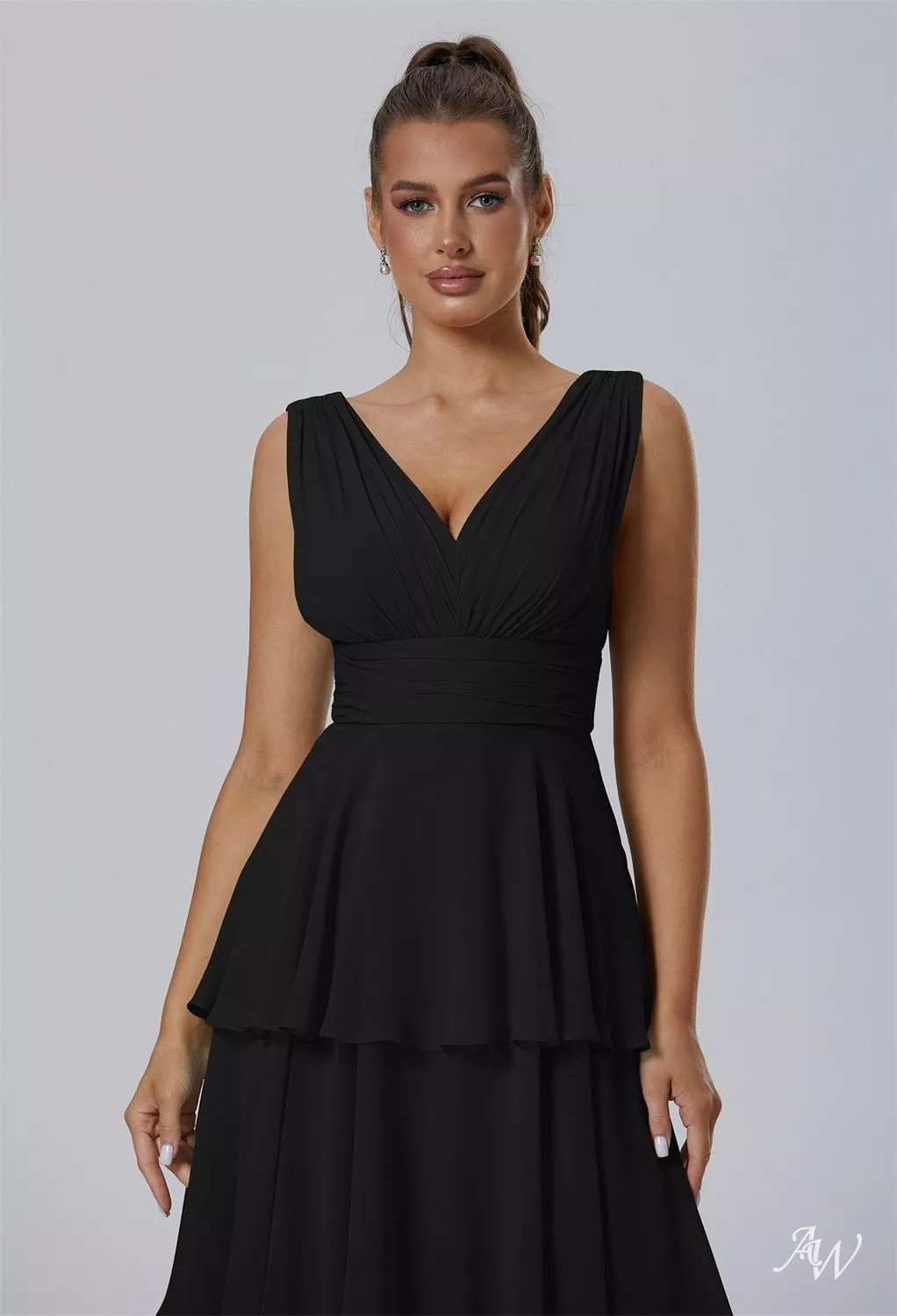 AW.Bridal A-Line V-Neck Floor Length Sleeveless Ruching Ruffles Tiered Wedding Guest Dresses Dress Black Size 8