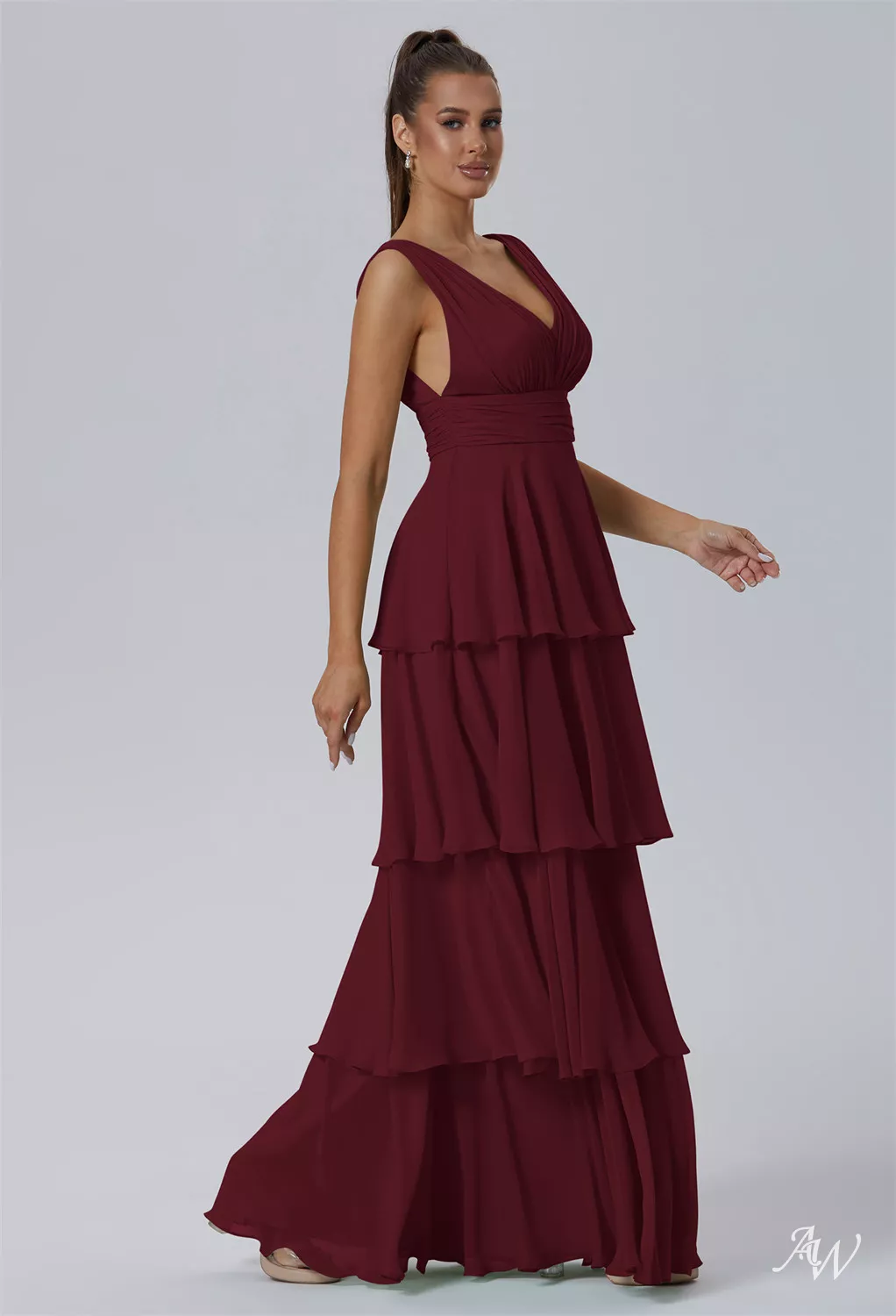 AW.Bridal A-Line V-Neck Floor Length Sleeveless Ruching Ruffles Tiered Wedding Guest Dresses Dress Burgundy Size 18
