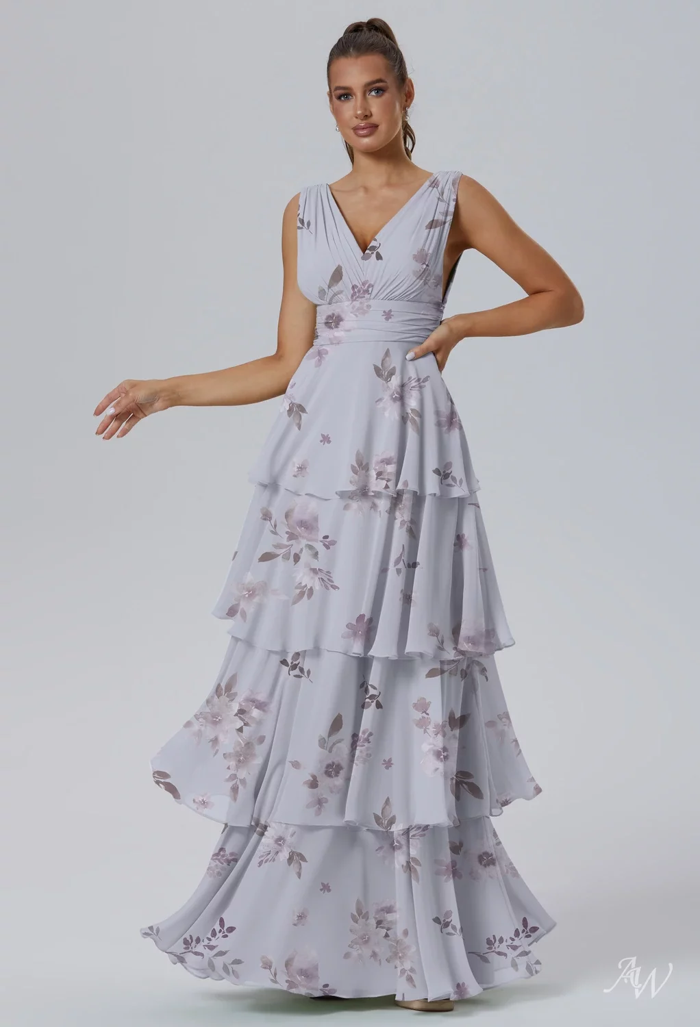 lavender floral bridesmaid dresses AW.Bridal A-line V-Neck Floor Length Sleeveless Ruching Ruffles Tiered Floral Wedding Guest Dresses Floral Dress Lavender Mist Floral Size 8