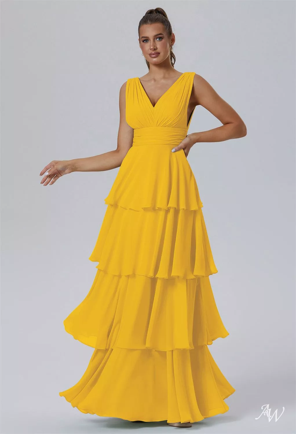 formal mustard dress AW.Bridal A-line V-Neck Floor Length Sleeveless Ruching Ruffles Tiered Long Bridesmaid Dresses Yellow Size 16 Formal Dress for Girls