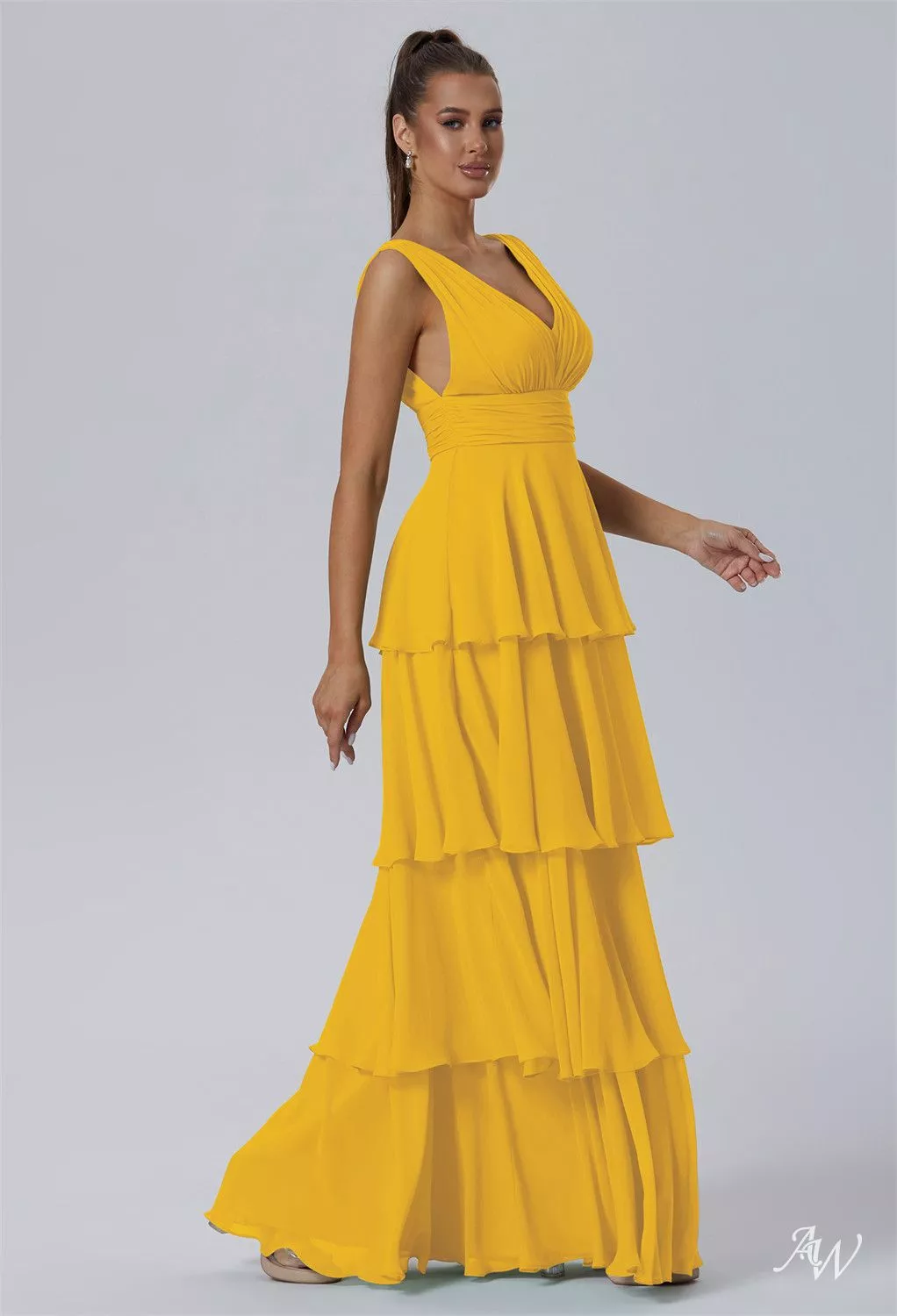 mustard bridesmaid dresses AW.Bridal A-line V-Neck Floor Length Sleeveless Ruching Ruffles Tiered Long Dress Yellow Size 16 Material:100%Polyester type: Women's Suits Straps Sleeves Dsicover Vivienne Westwood Bridal