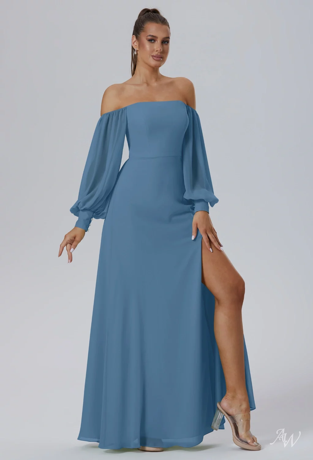 off the shoulder dusty blue bridesmaid dresses Dusty Blue Chiffon Cold Shoulder Long A-line Bridesmaid Prom Dress main image 1