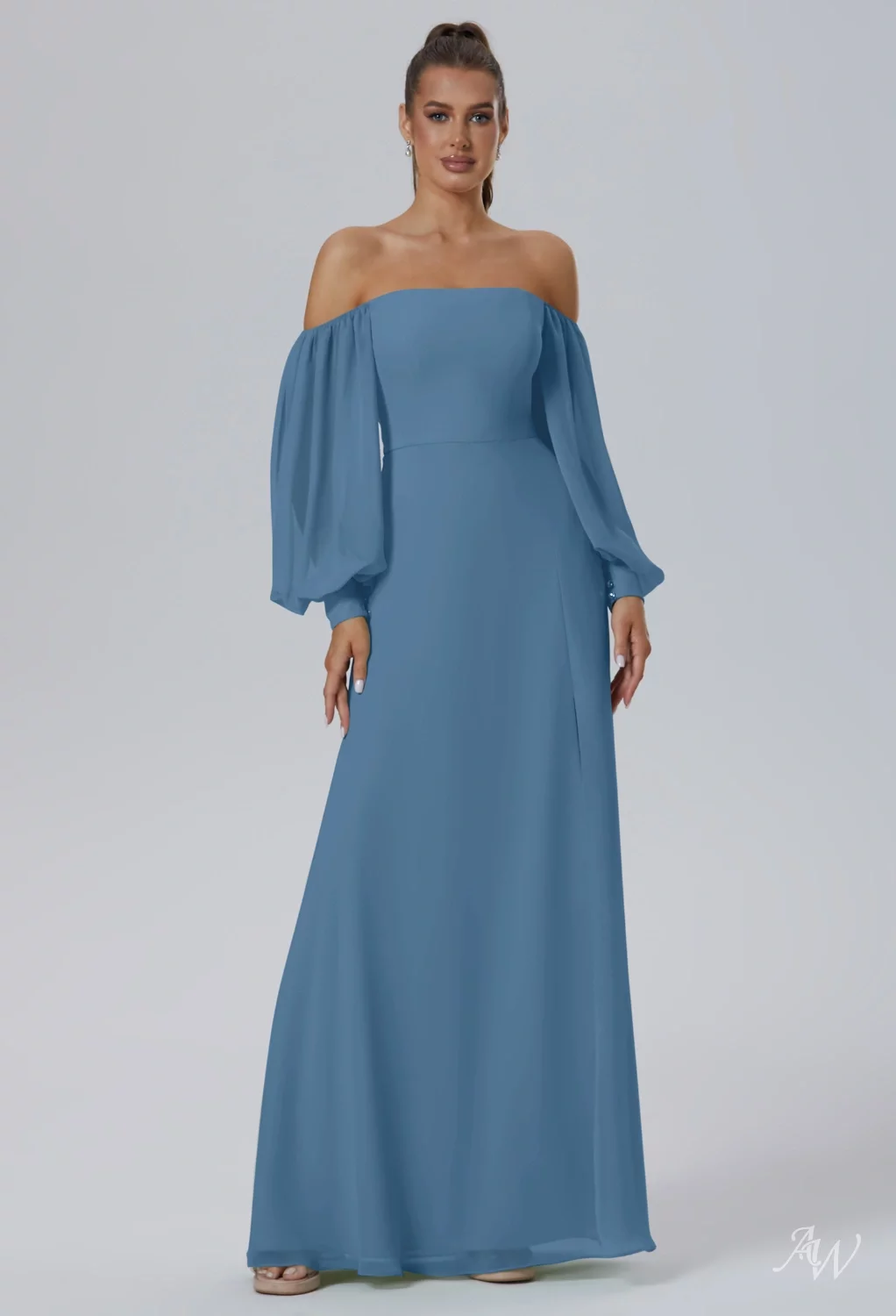 AW.Bridal A-line Off the Shoulder Floor Length Long Sleeves Off the Shoulder Split Long Bridesmaid Dresses Dress Dusty Blue Size 8