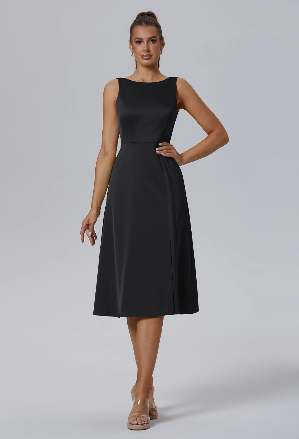 black long graduation dresses A Line Satin Halter Sleeveless Floor-length Sweep Train Evening Dress With Split Front
