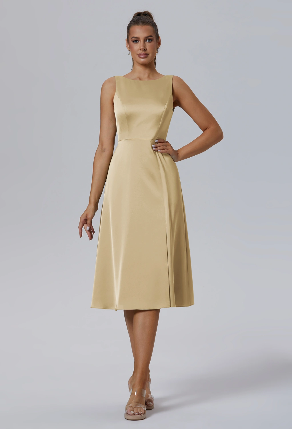 gold knee length bridesmaid dresses Light Gold, Satin Charmeuse Page 7 LS Plus Empire Princess Seam Swimdress Can Bridesmaids Wear Shawls? Size:10 AU / 6 US our High Low Knee