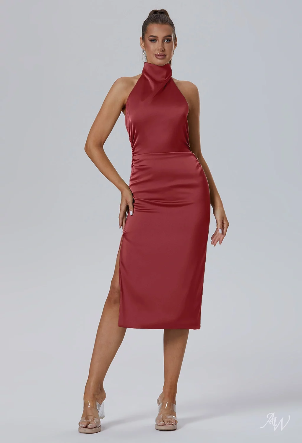 AW.Bridal A-line Turtleneck Tea Length Sleeveless Satin Backless Split Short Bridesmaid Dresses Dress Burgundy Size 8