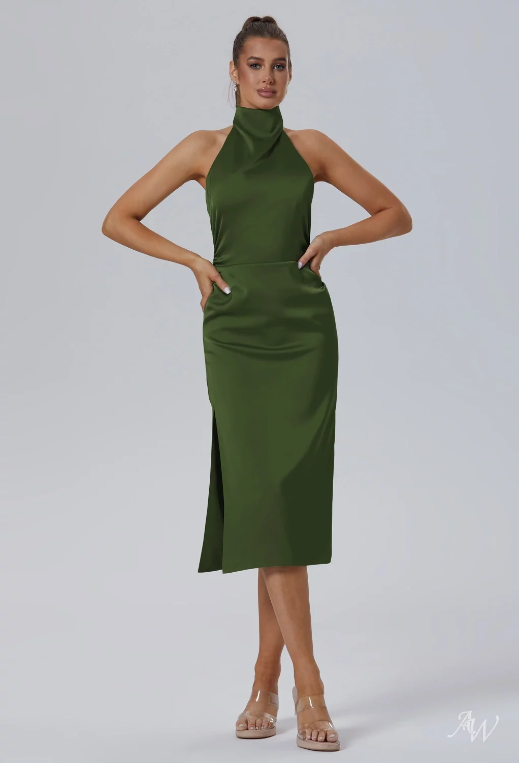 AW.Bridal A-line Turtleneck Tea Length Sleeveless Satin Backless Split Wedding Guest Dresses Dress Green Olive Size 18