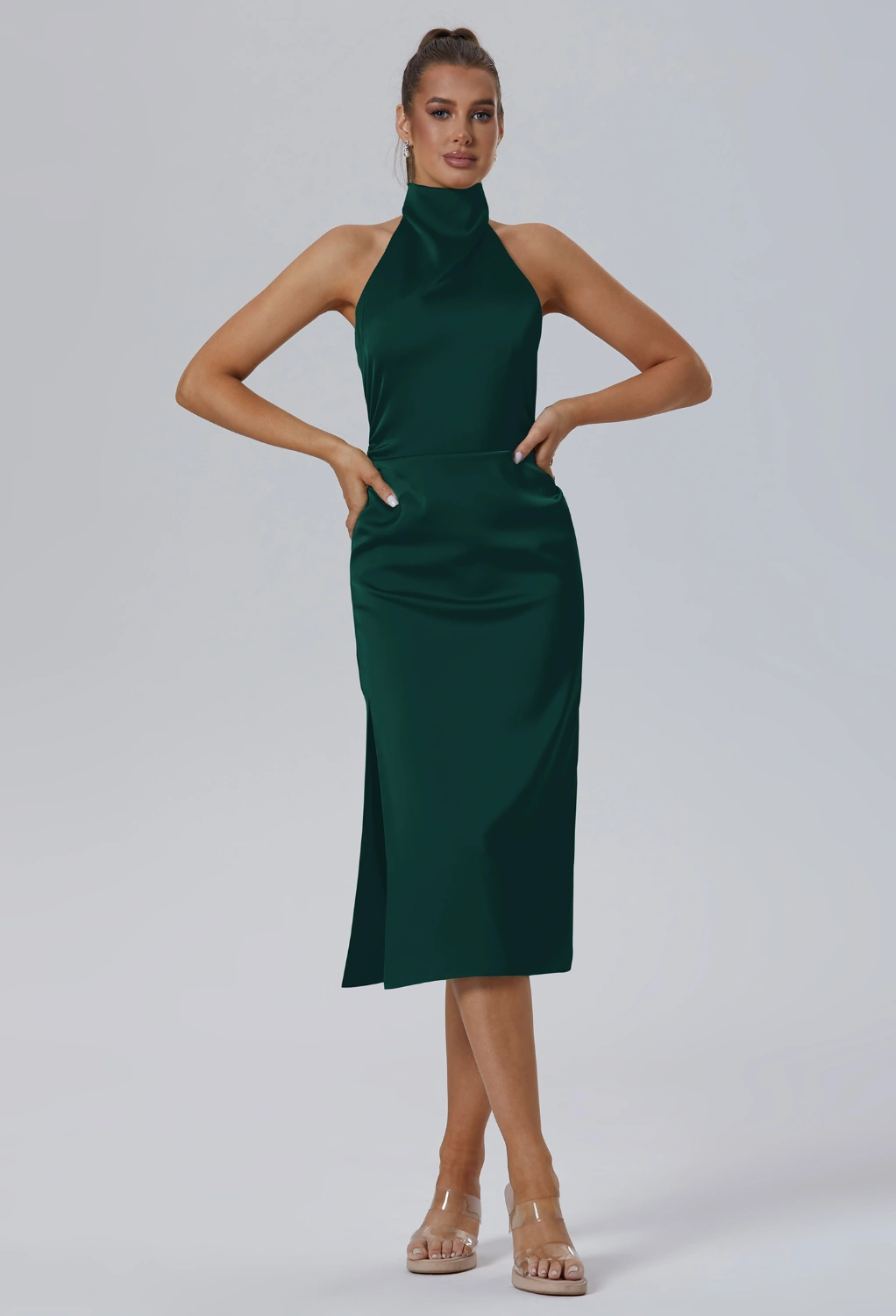 green emerald velvet dress Hunter Green Halter-Neck Back Zipper Ribbon Detail Dress
