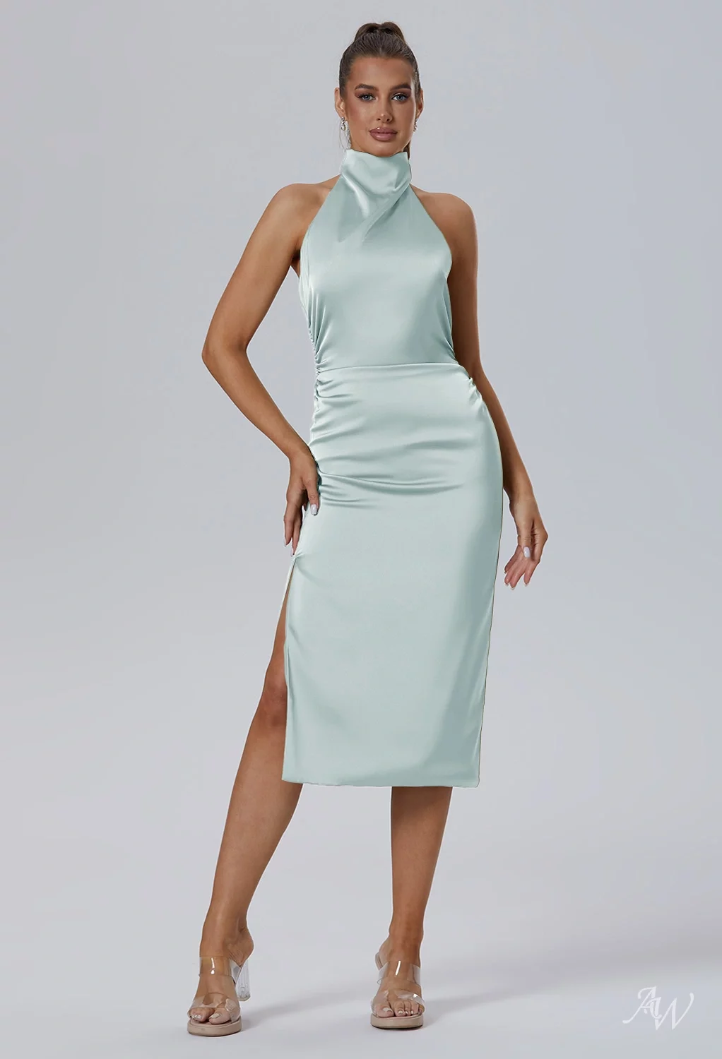 satin dress with turtleneck Silk Satin Turtleneck Short Dress Dark Olive and Beige 100% Silk Satin