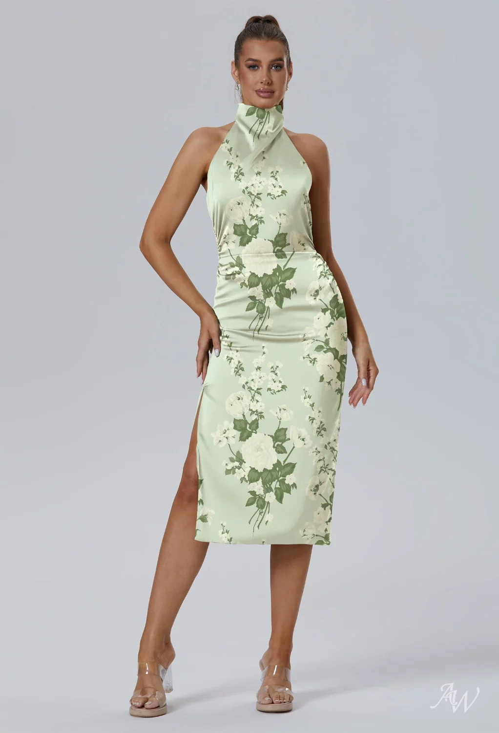 AW.Bridal A-Line Turtleneck Tea Length Sleeveless Satin Backless Split Floral Wedding Guest Dresses Floral Dress Mottled Moss Green Size 8