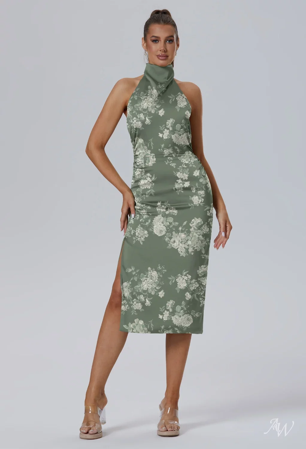 teal tea length bridesmaid dresses AW Cyclone Dress, Dusty Blue Satin Charmeuse Turtleneck Short Sleeves Back Category - Heels Simple Blue Satin A-line Size:M (15-15.5 / 34-35)