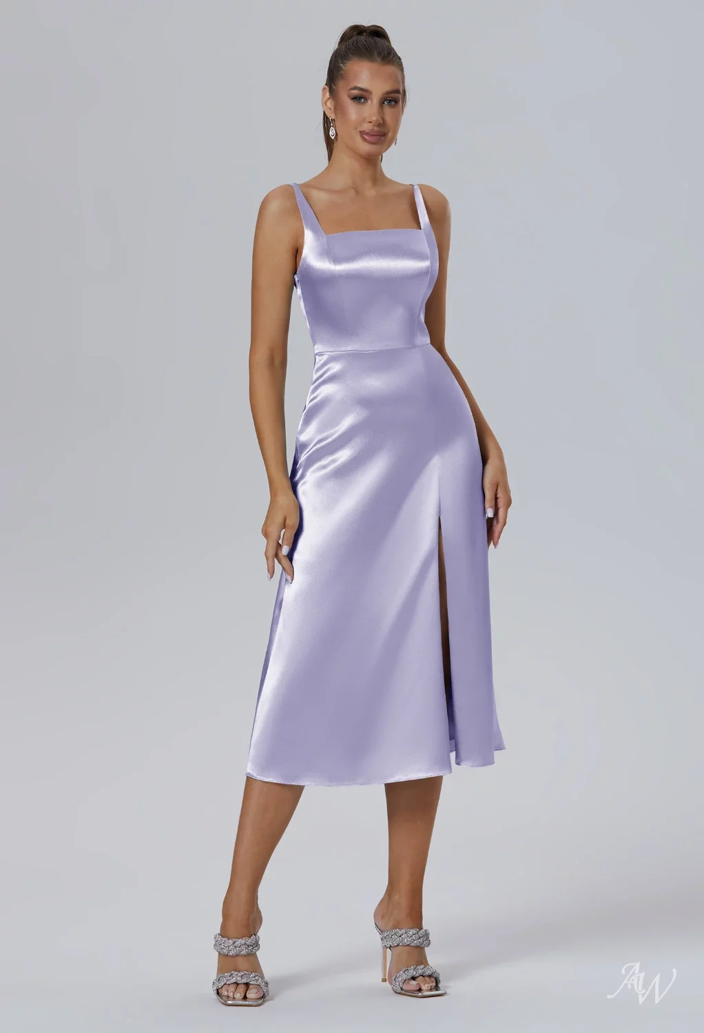 purple tea length bridesmaid dresses AW.Bridal A-line Square Neckline Sleeveless Crystal Satin Split Short Dress Haze Size 18 She is wearing a
