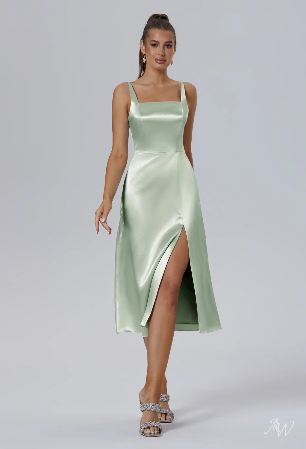 square neck sage green dress Formal Dresses Dusty Sage Square Neckline Spaghetti Straps Sleeveless  Trumpet/Mermaid Stretch Satin Formal Dresses main image 0