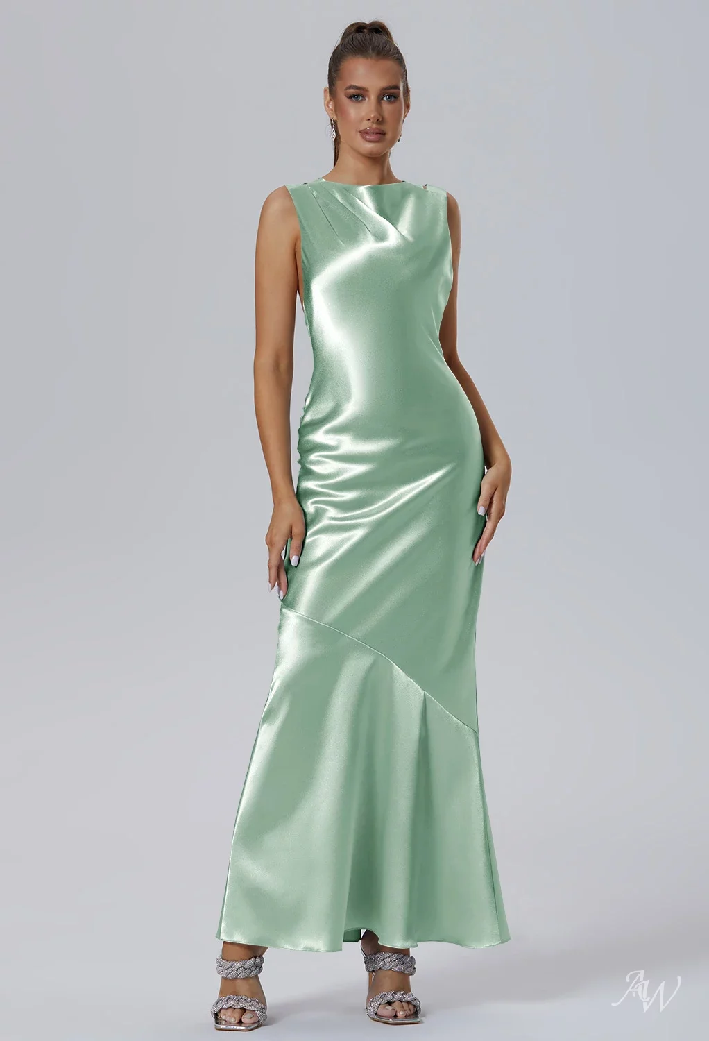 AW.Bridal Mermaid Bateau Neckline Floor Length Sleeveless Crystal Satin Ruching Long Bridesmaid Dresses Dress Reed Size 18
