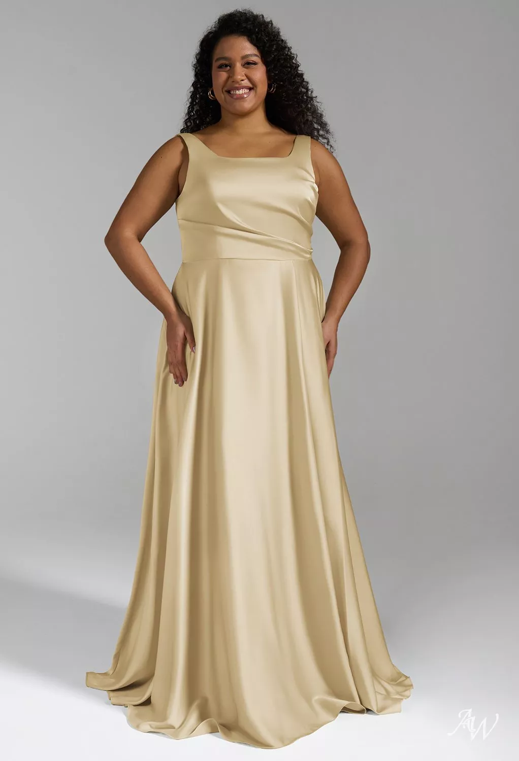 gold maid of honor dress plus size AW.Bridal A-line Square Neckline Floor Length Sleeveless Satin Ruching Split Long Bridesmaid Dresses Light 16 mismatched gold bridesmaid dresses