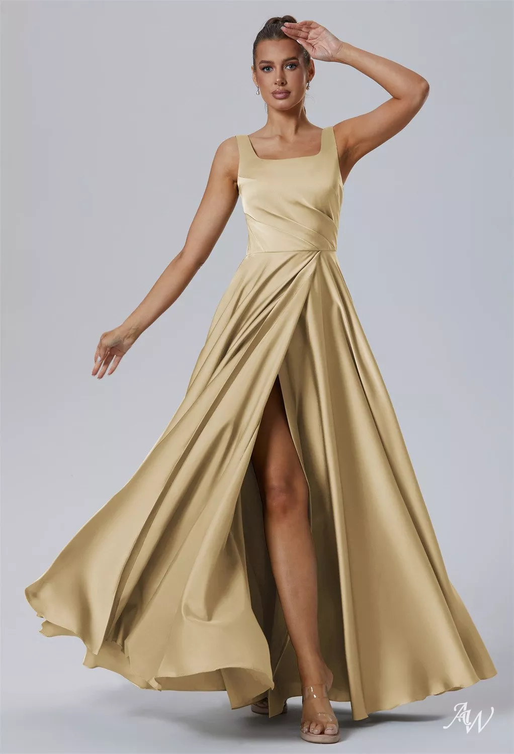 gold taffeta bridesmaid dresses AW.Bridal A-line Square Neckline Floor Length Sleeveless Satin Ruching Split Long Dress Light Size 4 champagne gold satin bridesmaid dresses