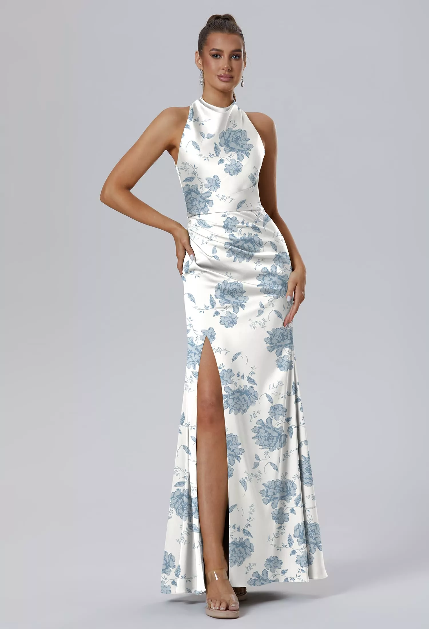 dusty blue pattern bridesmaid dress Dusty Blue Chiffon Shoulder Tie Sweetheart Empire Bridesmaid Dress