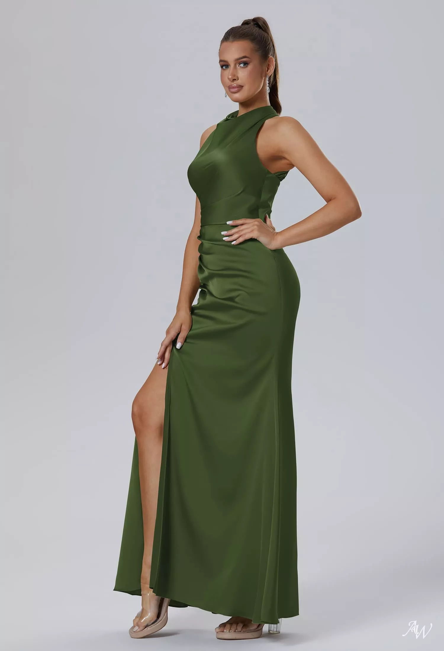 AW.Bridal Mermaid Bateau Neckline Floor Length Sleeveless Satin Ruching Long Bridesmaid Dresses Dress Green Olive Plus Size 18