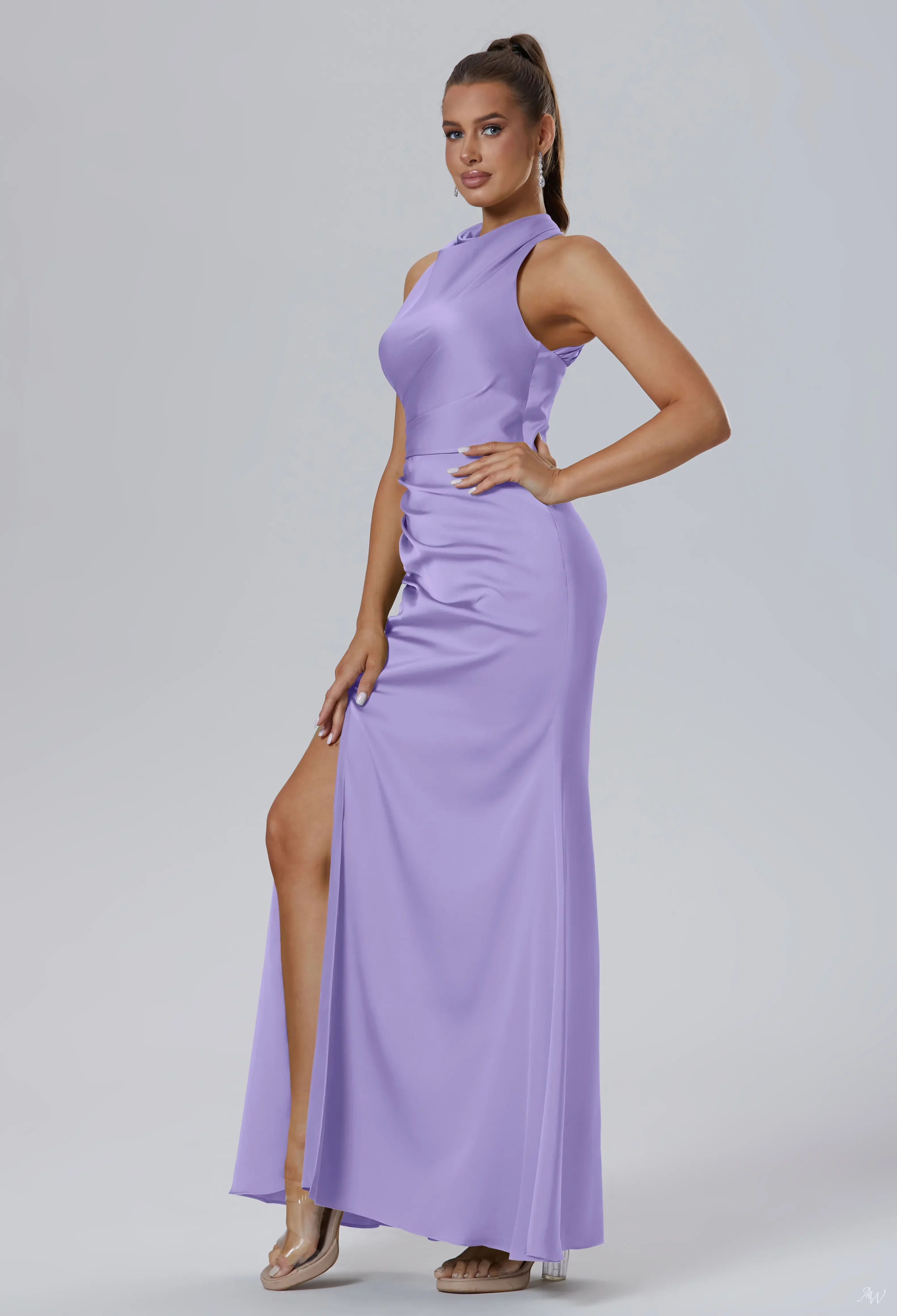 lilac satin bridesmaid dresses Sheath Satin Pleated Scoop Side Slit Lilac Long Bridesmaid Dress QB3084 US10 / Custom Color