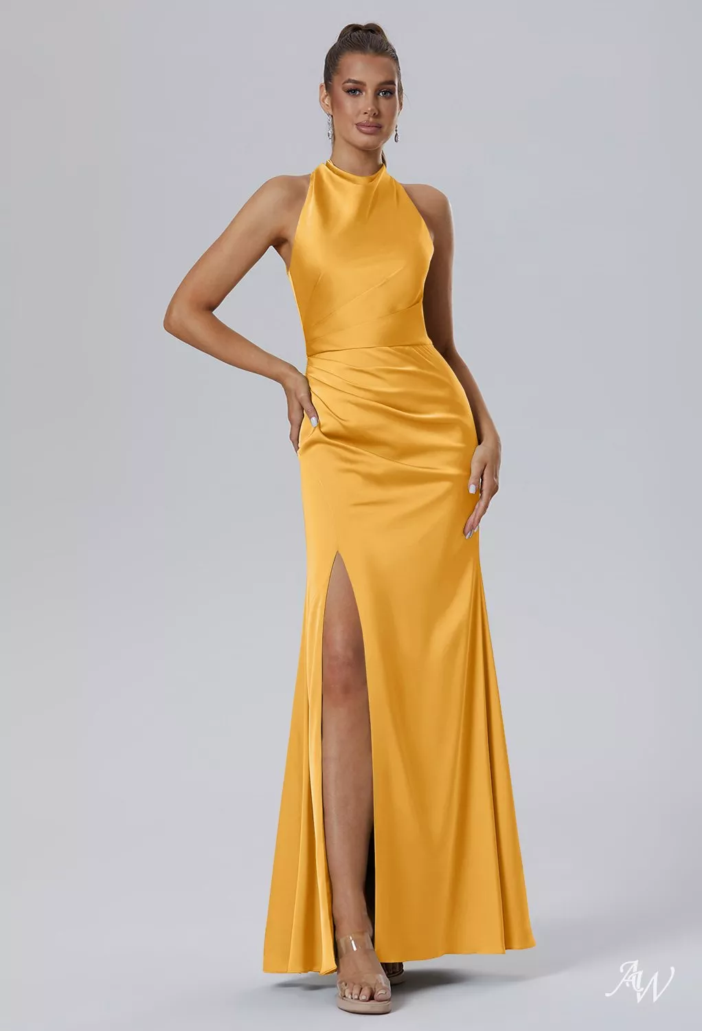 mango bridesmaid dresses AW.Bridal Mermaid Bateau Neckline Floor Length Sleeveless Satin Ruching Plus Size Dress Size 4 Birdy grey