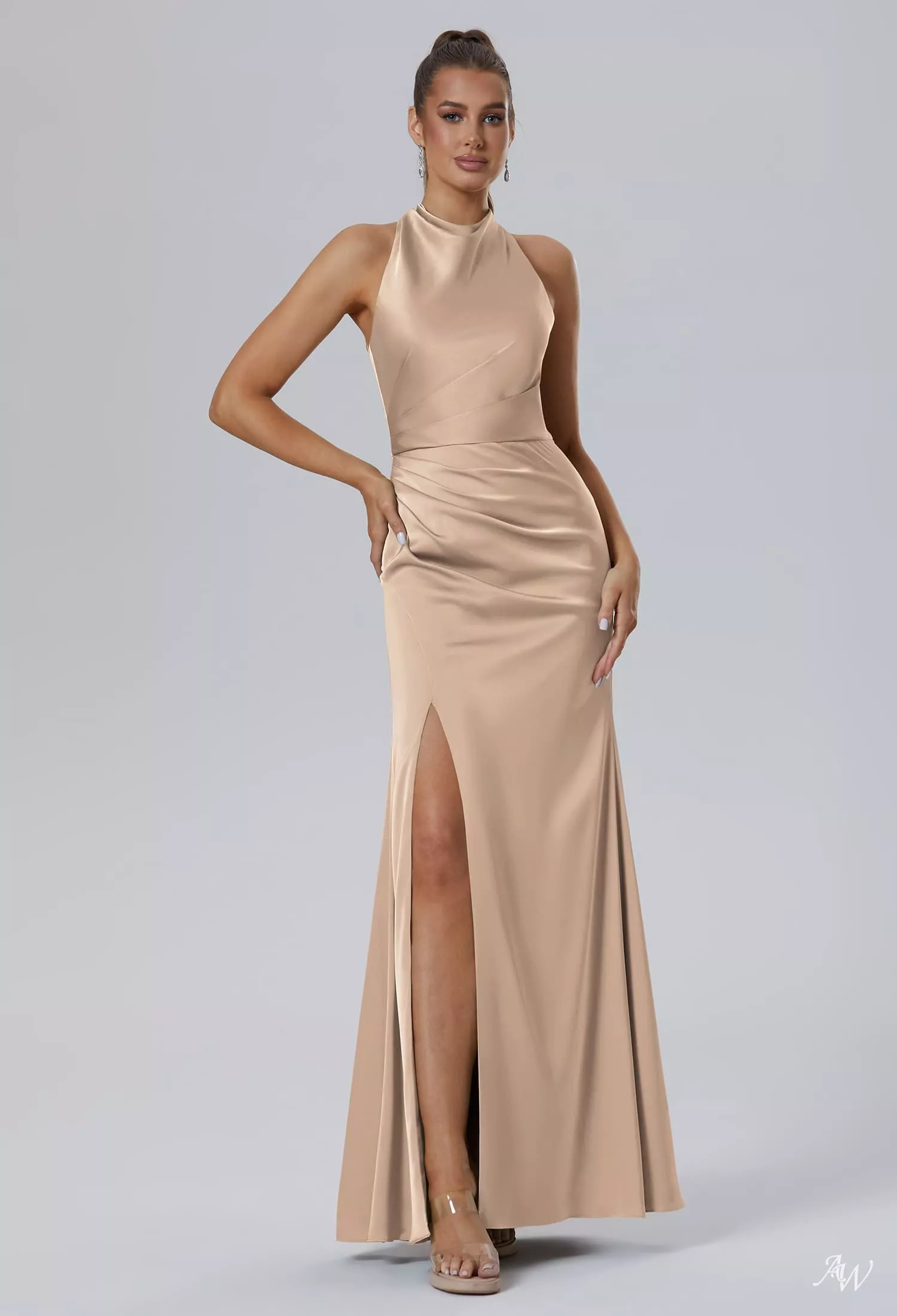 AW.Bridal Mermaid Bateau Neckline Floor Length Sleeveless Satin Ruching Long Bridesmaid Dresses Dress Taupe Size 8