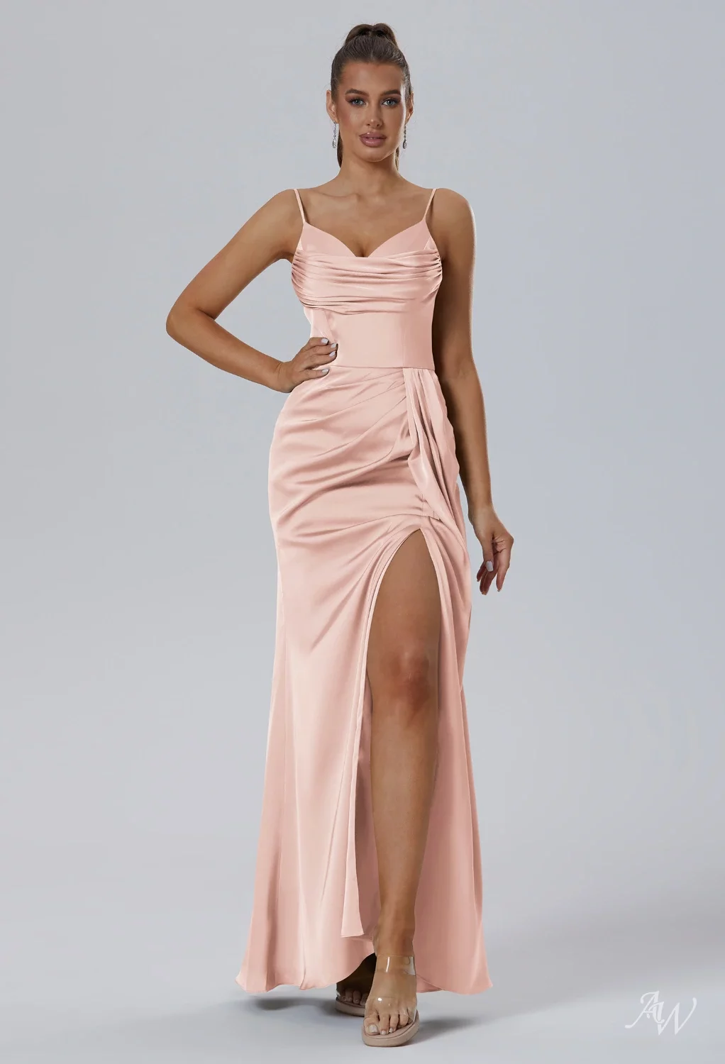 AW Seraphina Convertibile Dress, Ivory Satin Charmeuse Floor Length V-Neck  Bridesmaid Dresses | AW.Bridal