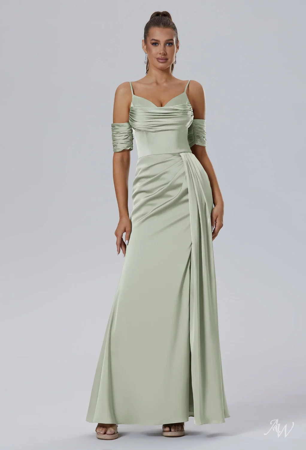 AW.Bridal Mermaid V-Neck Floor Length Sleeveless Satin Ruching Long Bridesmaid Dresses Sage Green Size 6