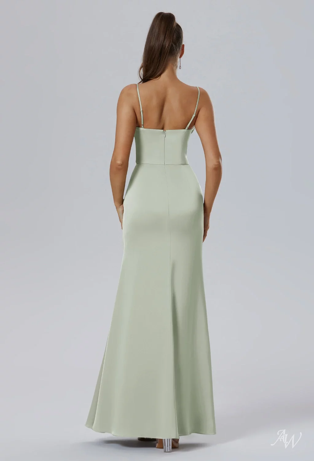 AW.Bridal Mermaid V-Neck Floor Length Sleeveless Satin Ruching Long Bridesmaid Dresses Sage Green Size 6