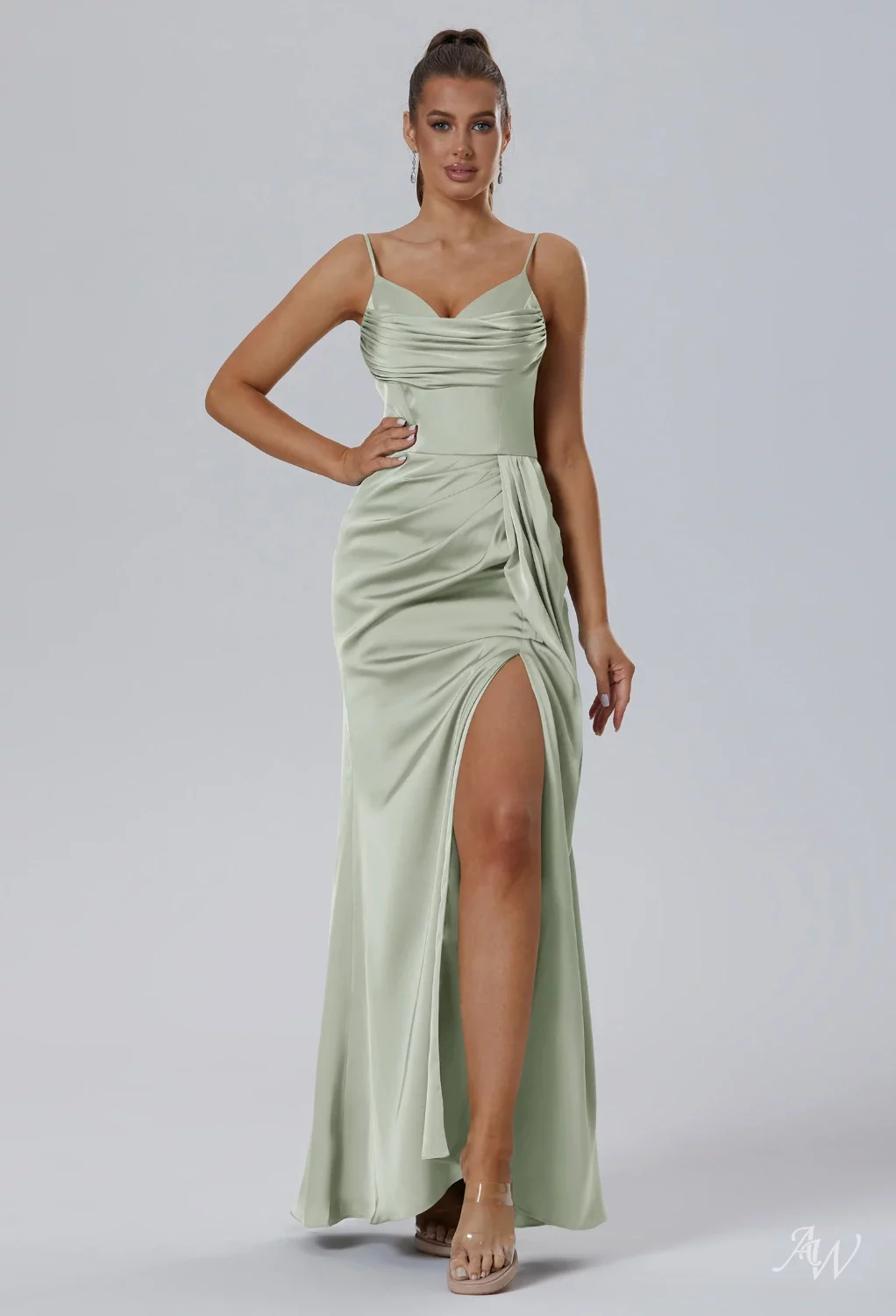 AW Seraphina Convertibile Dress, Ivory Satin Charmeuse Floor Length V-Neck Bridesmaid  Dresses | AW.Bridal