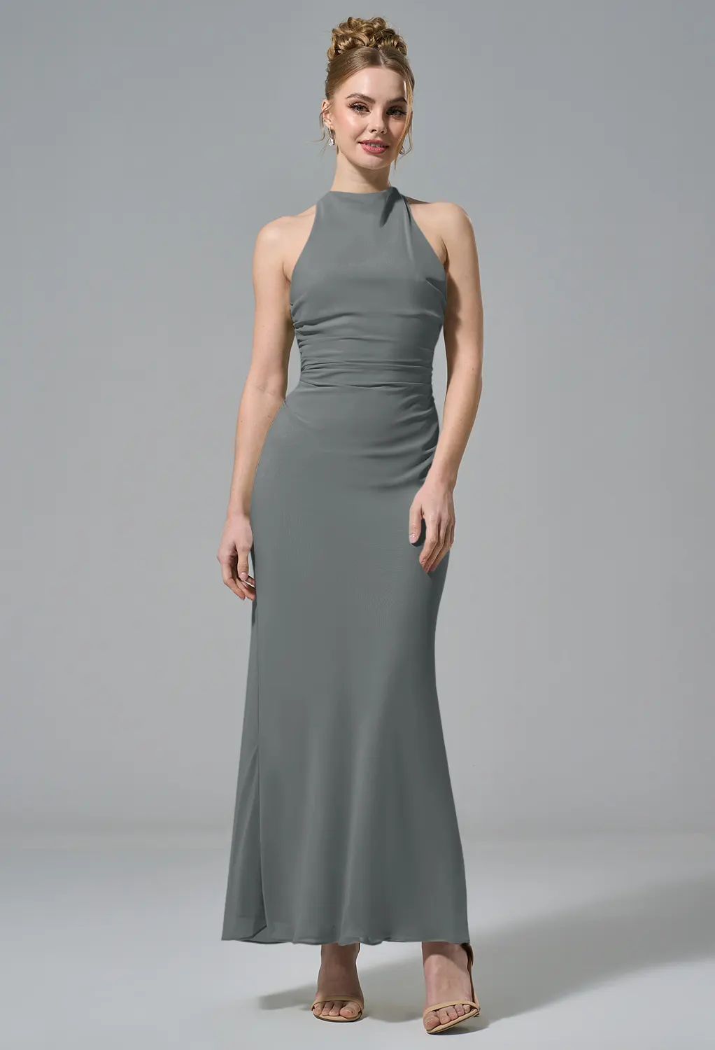 gray formal dress for wedding guest Long Lace V-neck Tulle A-line Grey Wedding Guest Dresses