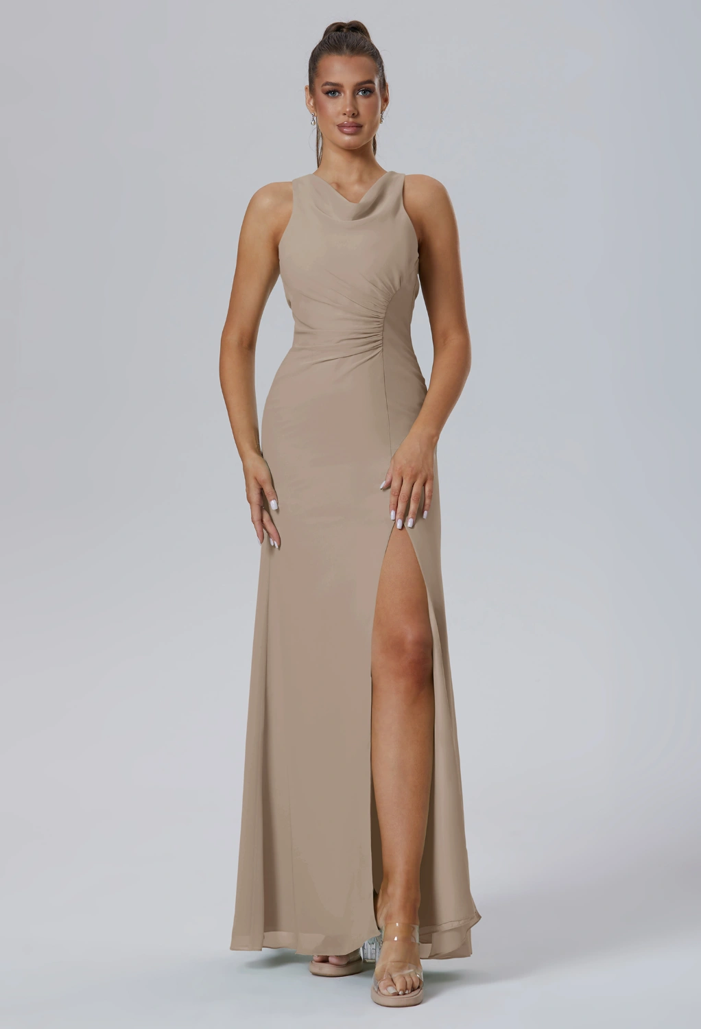 woman in satin dress Stretch Satin Sleek Long Glitter Prom Dress