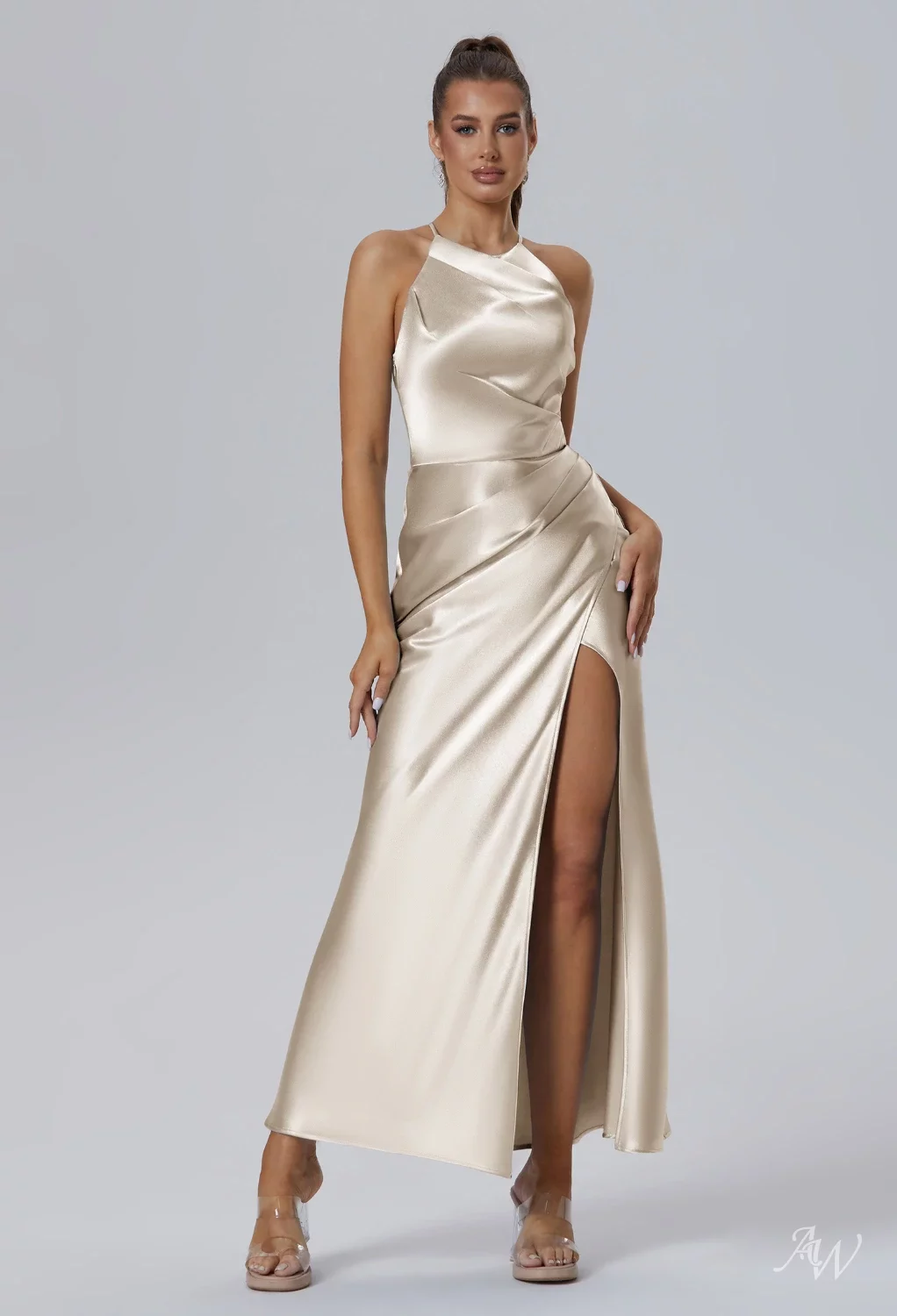 AW.Bridal Mermaid Halter Neckline Ankle Length Sleeveless Crystal Satin Ruching Split Wedding Guest Dresses Dress Champagne Size 6