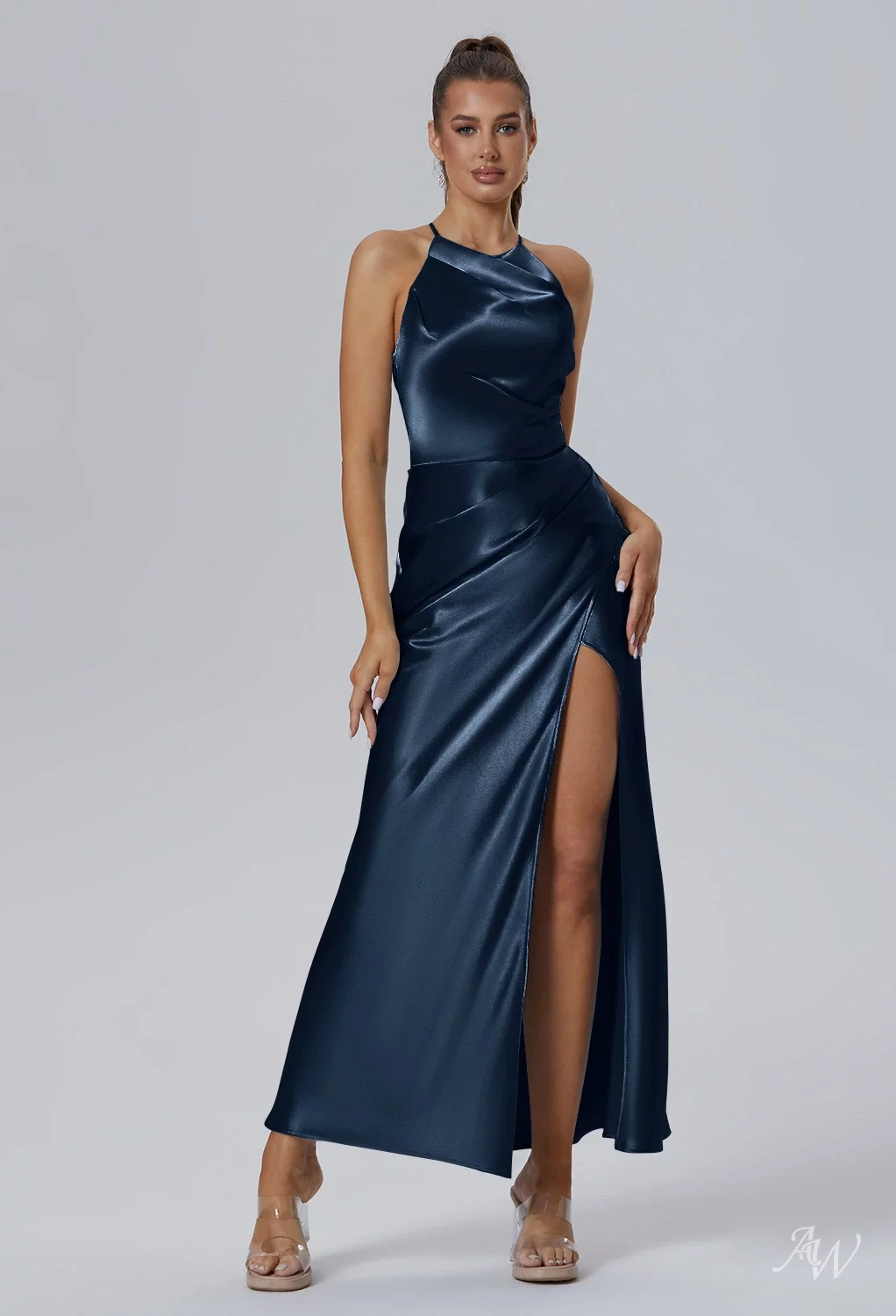 navy mermaid bridesmaid dresses AW.Bridal Halter Neckline Ankle Length Sleeveless Crystal Satin Ruching Split Long Dress Dark Size 6 size:(sizes 2-22 available. please provide height and sizing info in your response to the confirmation email.) Satin Fabric Color YGroup_126937 Adrianna Papell Beaded Mesh