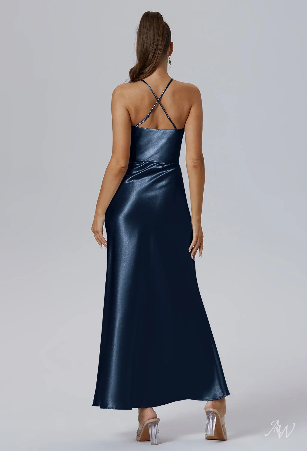 AW.Bridal Mermaid Halter Neckline Ankle Length Sleeveless Crystal Satin Ruching Split Long Bridesmaid Dresses Dress Dark Navy Size 6