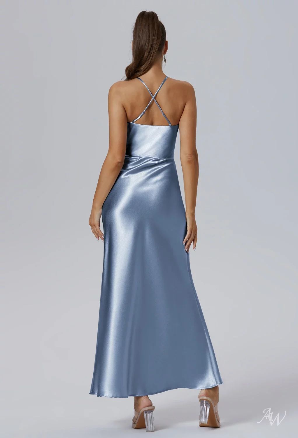 AW Mir Dress, Taupe Crystal Satin Ankle Length Halter Neckline Bridesmaid  Dresses | AW.Bridal