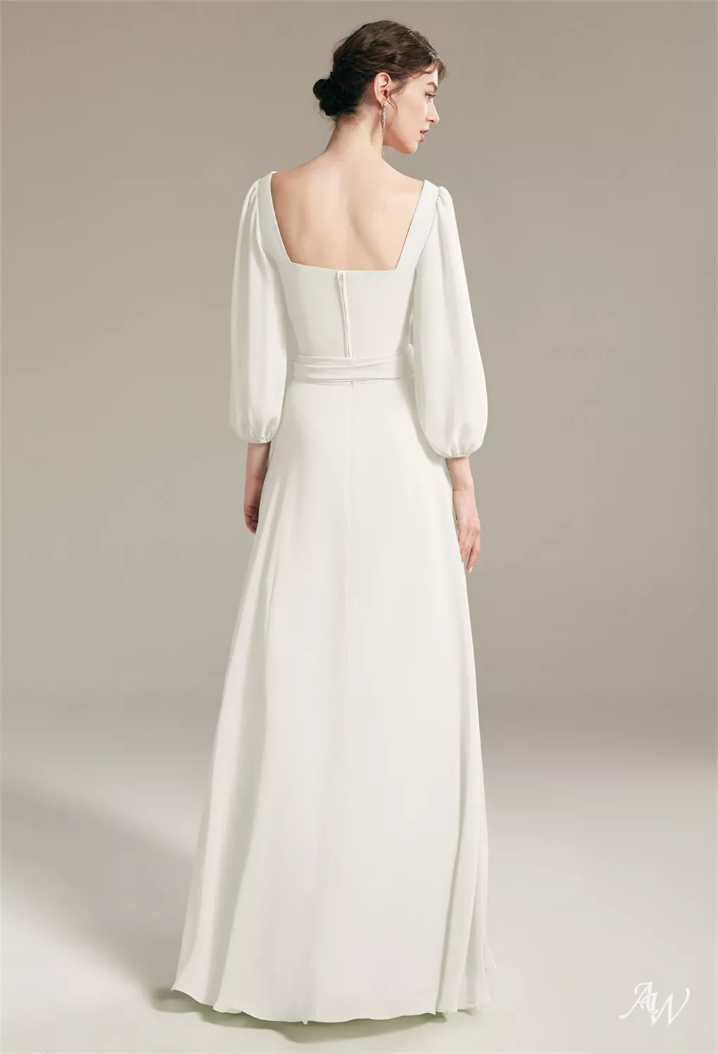 ivory bridesmaid dresses AW.Bridal A-line Square Neckline Floor Length 3/4 Sleeves Sash/Ribbon Long Bridesmaid Dresses Dress Ivory Size 4
