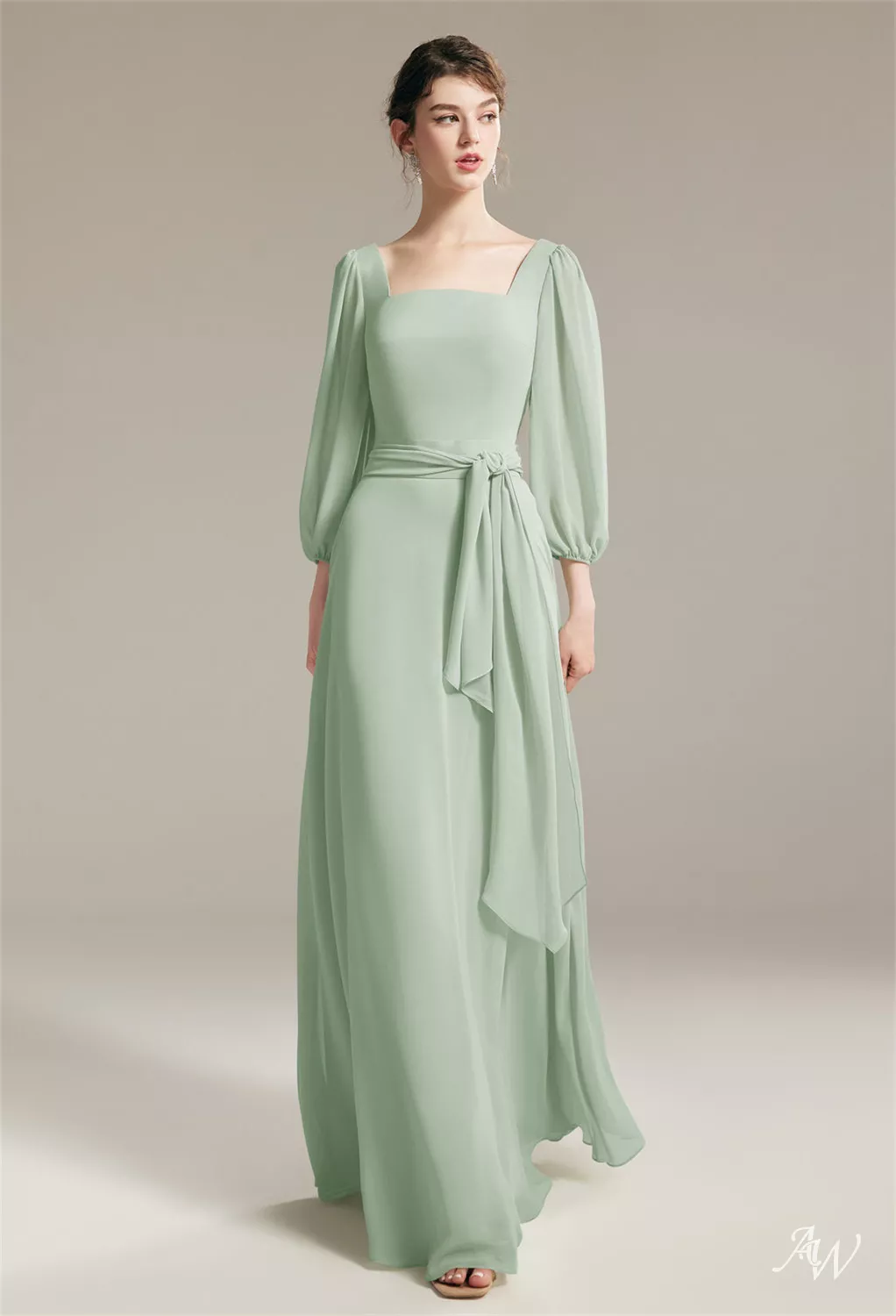 AW.Bridal A-Line Square Neckline Floor Length 3/4 Sleeves Chiffon Sash/Ribbon Long Bridesmaid Dresses Sage Green Size 8