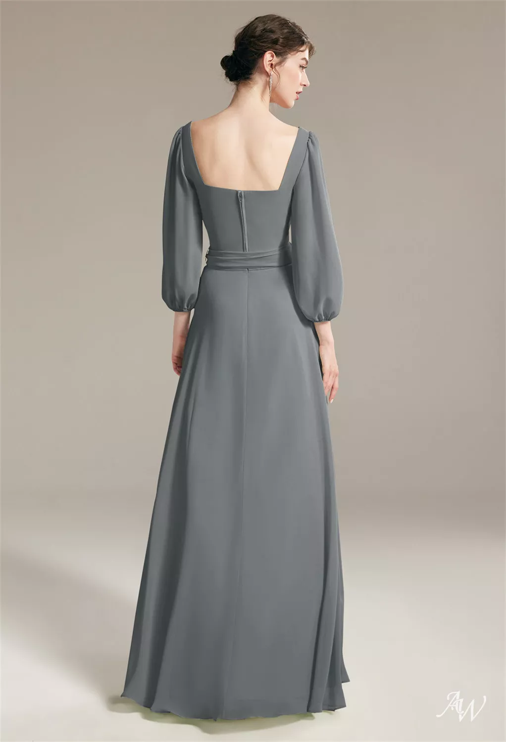 AW.Bridal A-Line Square Neckline Floor Length 3/4 Sleeves Sash/Ribbon Long Bridesmaid Dresses Dress Steel Gray Size 16