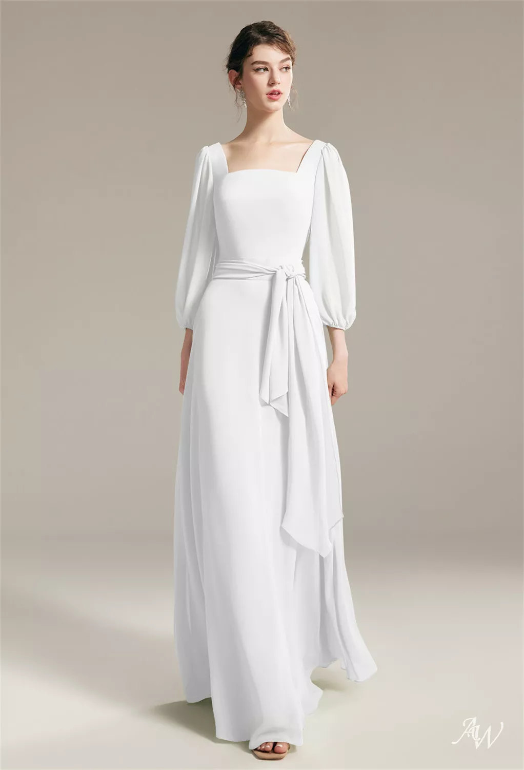 AW.Bridal A-line Square Neckline Floor Length 3/4 Sleeves Sash/Ribbon Long Bridesmaid Dresses Dress White Size 6