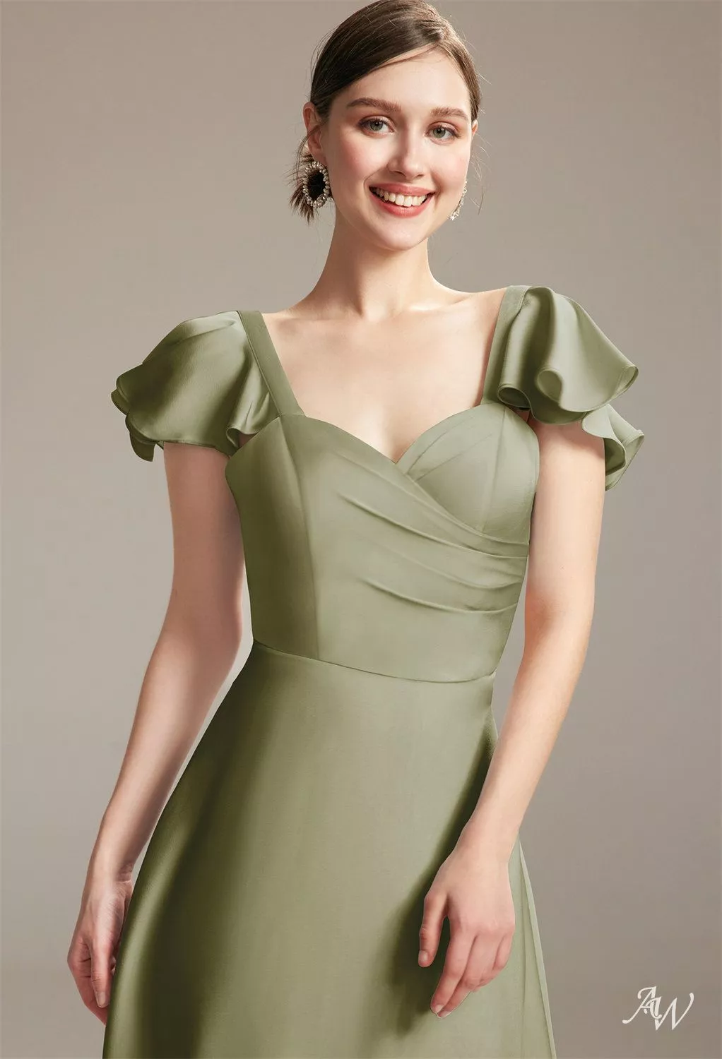 short sleeve stretch charmeuse bridesmaid dress Wedding Dusty Sage Green Bridesmaid Dresses Short Sleeves Trumpet/Mermaid  Zipper Split Long Stretch Satin Bridesmaid Dresses