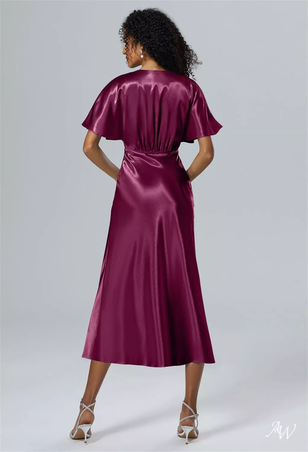 AW.Bridal A-line V-Neck Tea Length Short Sleeves Ruching Split Wedding Guest Dresses Dress Burgundy Size 18